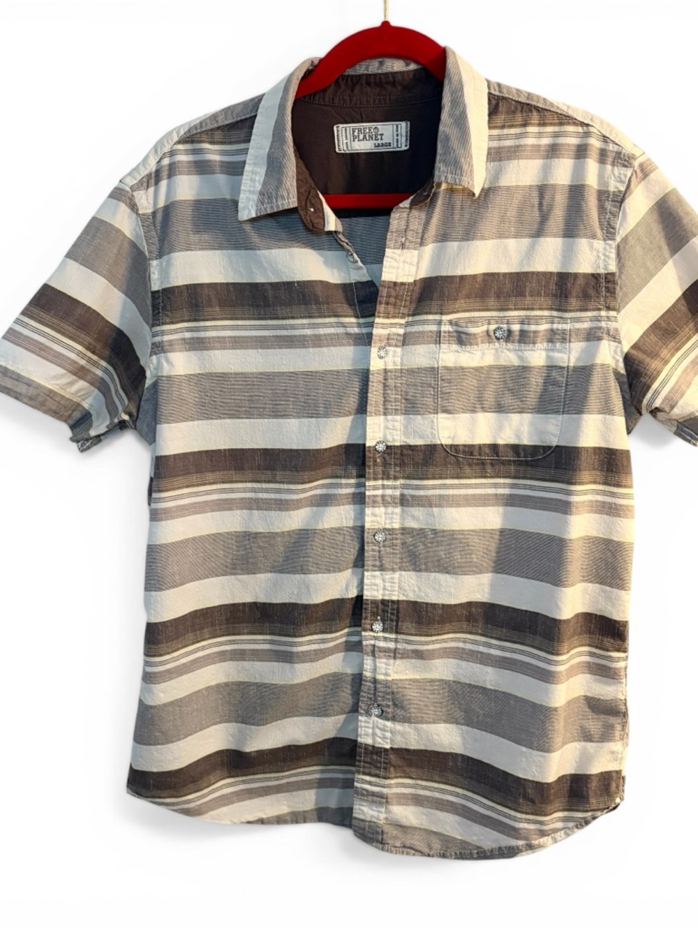 Free Planet Men’s Short Sleeve Striped Button-Up Shirt — Beige & Grey